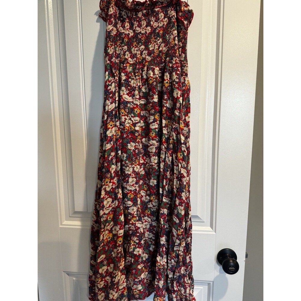Natural Life Womens M Floral Smocked Maxi Dress Red Boho Cottagecore Rayon Slit - Picture 8 of 9